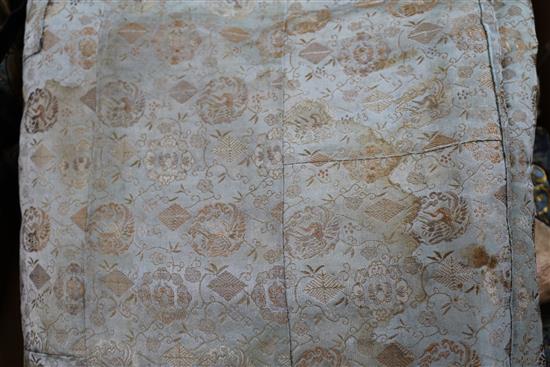 A Chinese embroidered silk and metal thread collar, a sage green brocade panel and other textiles